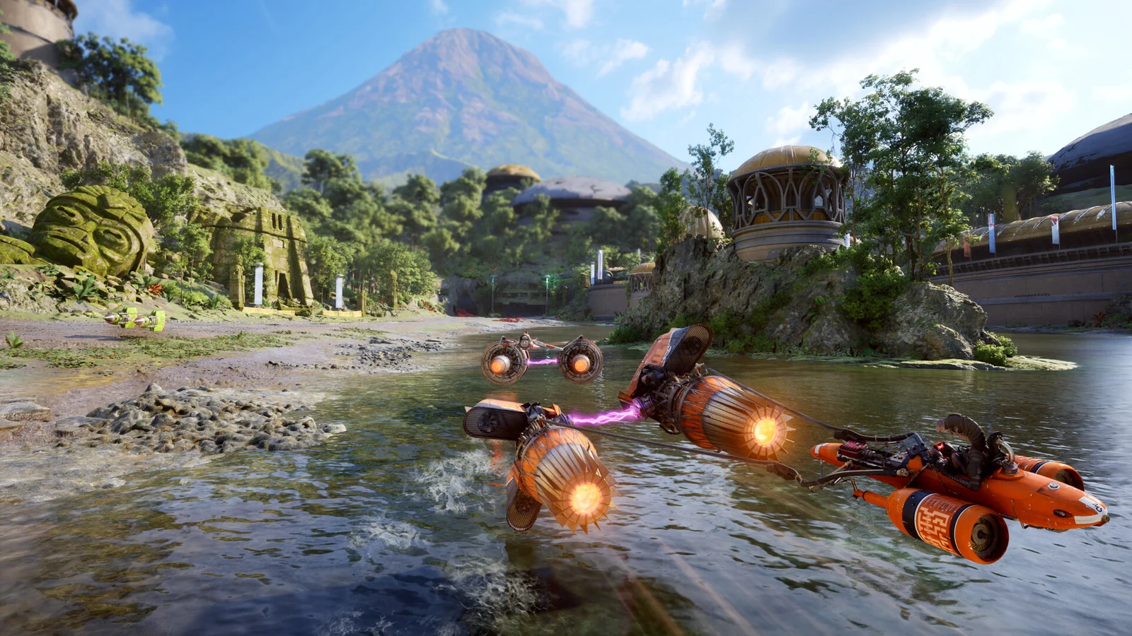 Podracers race along a tropical river course